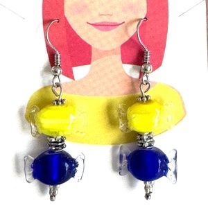 Yellow and Blue Lampwork Glass Silver Plated Hook Earrings Item #309